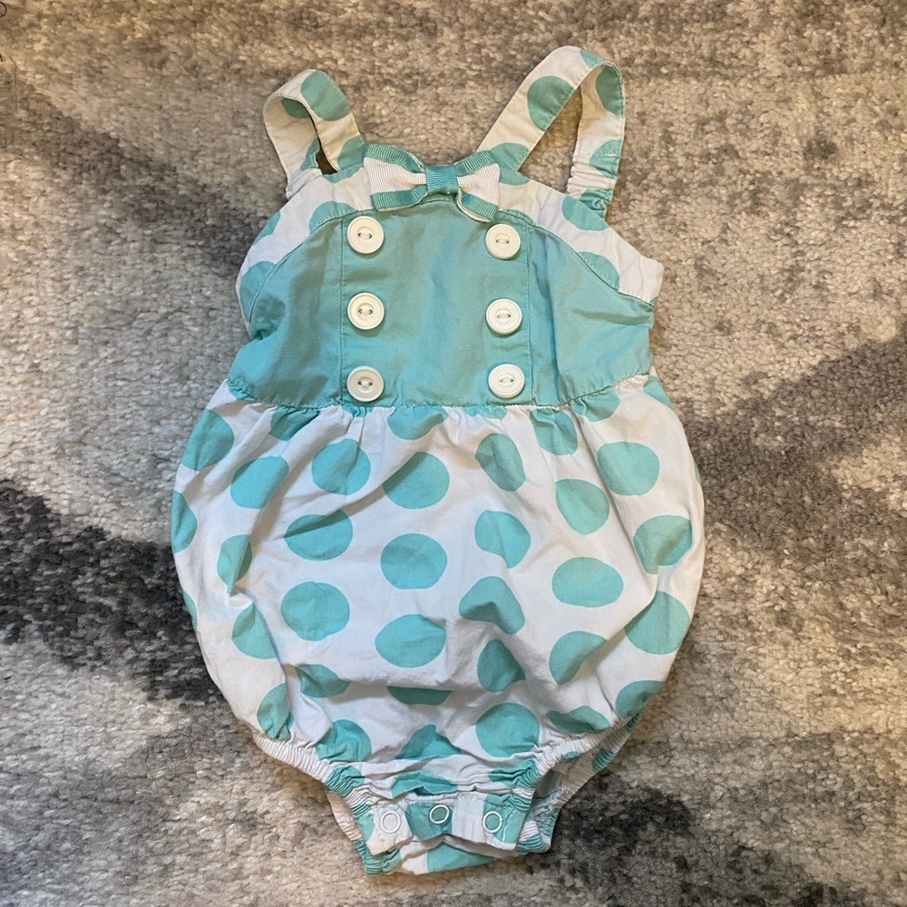 Crazy 8 Teal and White Polka Dot Romper baby girls 3-6 6-12